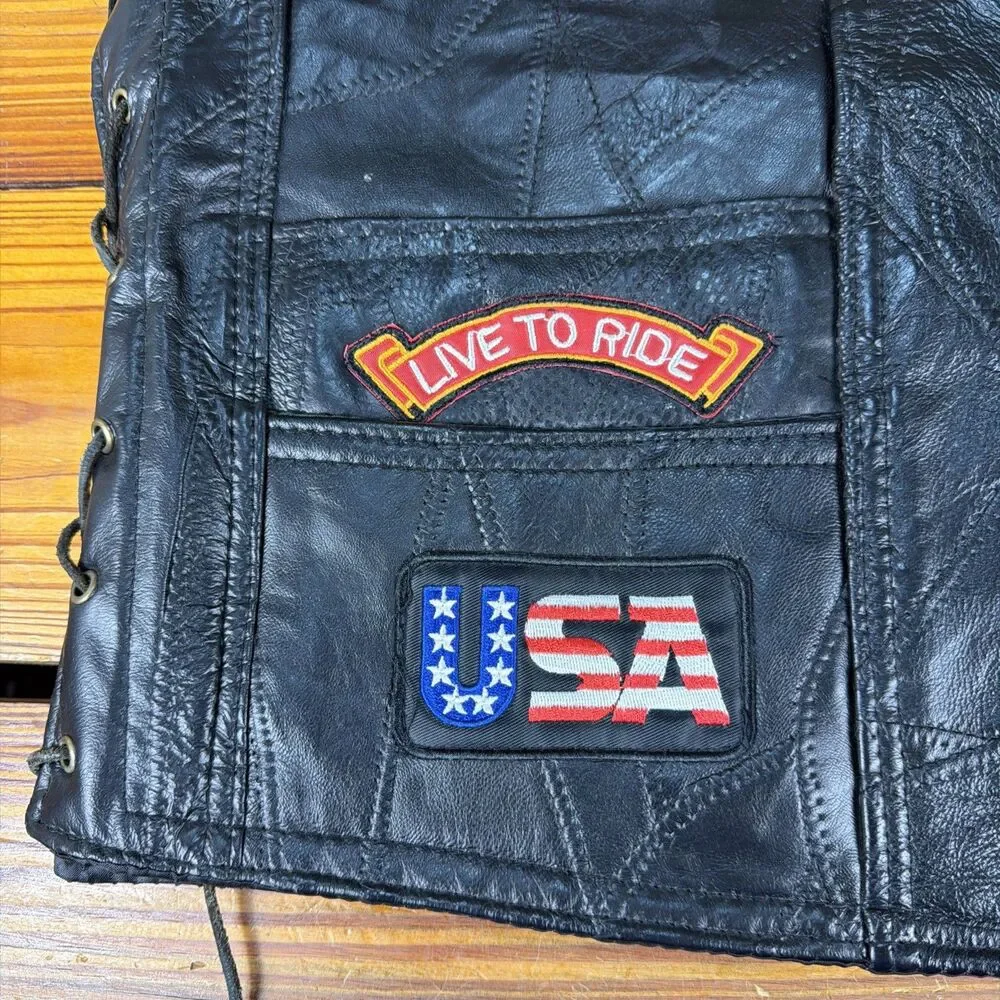 DIAMOND PLATE BUFFALO LEATHER BLACK BUTTON UP BIKER VEST WITH PATCHES XL